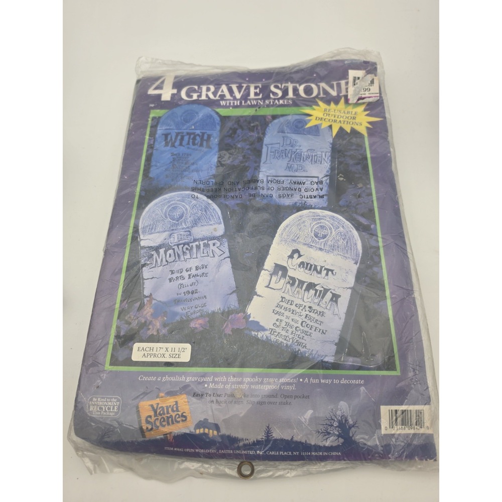 Vintage Funworld Grave Stone with  Lawn Stake "The Monster" Halloween Decor NOS